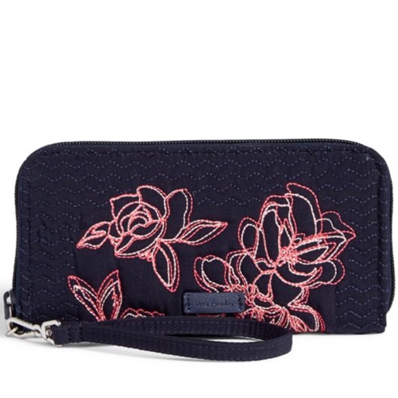 New Vera Bradley Iconic RFID Accordion Wristlet - Navy - Floral Embroidered